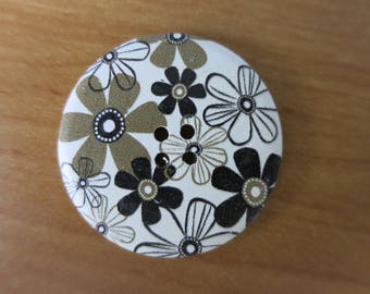 Large button 40 mm khaki/black/white floral
