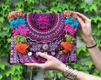 Tassles Details Embroidered Clutch