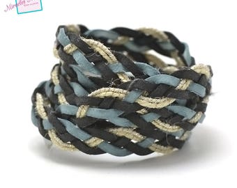 1 m braided strap faux leather and 10 mm, 007 blue/green/ecru linen