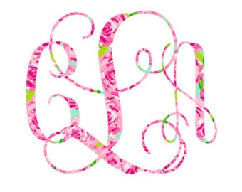 Lilly Inspired Iron On Decal Do It Yourself Tee Shirt Monogram Initial in Vine Interlocking Font with Free Shipping