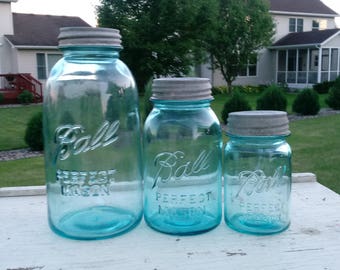 3 Blue Ball Perfect Mason Jars with Zinc Lids