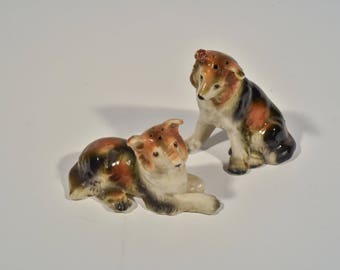 Vintage Collie Ceramic Figure, Dog Salt and Pepper Shaker, Collie Dog Figurine, Brown and Black Dog Figure, Collie Salt and Pepper Shakers