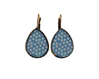 Bondi earrings drops, liberty, Sakura flowers - red and blue Peacock - anglos sleepers /japonaises
