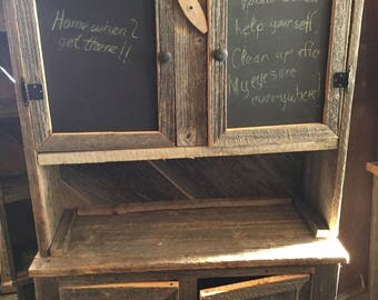 Vintage Barn Wood Kitchen Hutch And Cabinet With Calk Board Sheet Metal Vintage Barn Wood Kitchen Hutch And Cabinet With Calk Board Sheet Metal