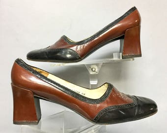 1970's MOD Leather Chunky Heels / 70's WING Tips, size 8 1/2, Charles Jourdan SPECTATORS Shoes
