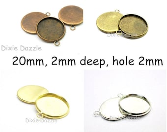 DIY jewelry 10 Round Pendant Tray Blanks, 20mm round charm setting, DIY photo jewelry, gold or silver plated bezel, holds 20mm cabochons