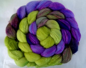 Merino silk roving, handpainted spinning fiber, wool roving, felting wool, roving, hand dyed roving, wool silk roving, purple, green, 3.5oz