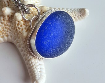 Sea Glass Jewelry Cobalt Blue Sea Glass Necklace Sterling Silver Necklace Pendant - N-543