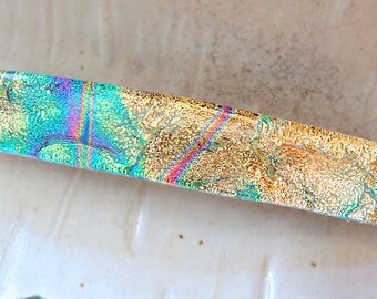 Large Fused Dichroic Glass Barrette, Gold, Green, Pink, French Made Barrette Clip