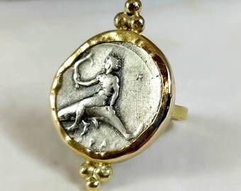Gold Ancient Coin Ring, Statement Ring, Ancient Coin Jewelry, solid 18 kt gold ring, Dolphin Boy coin ring