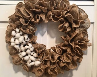 Charming Ruffled Burlap Wreath with Cotton Accents - Thanksgiving Harvest - House Warming - Home Decor - Farmhouse - Christmas - Autumn Fall