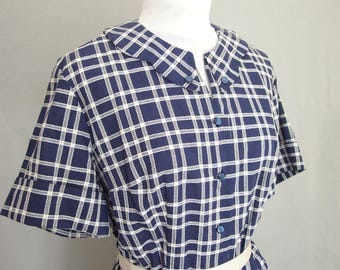 Navy Blue Plaid Dress, Crisp Vintage Summer Dress, Modern Size 12 - 14, Medium to Large