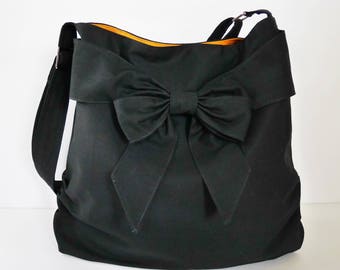Sale - Black Canvas Bag, tote, handbag, messenger bag, purse, bow, shoulder bag, crossbody bag, unique - JESSICA
