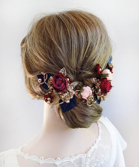 accessoires de cheveux de couleur Bourgogne, Bordeaux et bleu marine, pince à cheveux parure de tête, Bordeaux mariage fleur de cheveux, bleu marine et or,