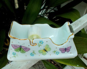 Vintage 5.5" White Gold Ceramic Porcelain Scotch Tape Dispenser Butterfly Design Ladies Desk