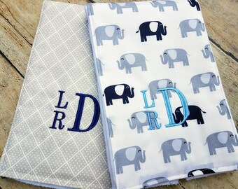 Monogrammed Boy Burp Cloth, Modern Burp Cloth, Boy Burp Cloth, Personalized, Baby Boy Gift, Elephants, Baby Shower Gift, Navy, Gray