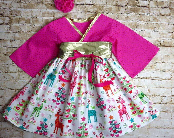Christmas Dress - Holiday Dress - Party Dress - Gold - Girls Twirl Dress - Preteen Dress - Reindeer - Christmas Outfit - 12 mos to 14 yrs