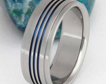 Titanium Wedding Band, Thin Blue Line Ring, Handcrafted Unique Titanium Band, Man's Ring, Woman's Ring - b3