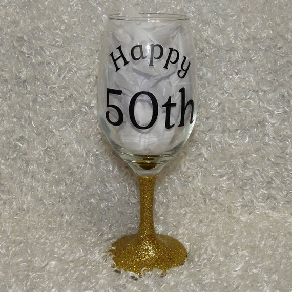 Happy 50th Wine Glass With Gold Glitter Stem Birthday