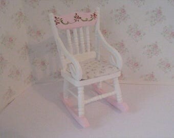 Dollshouse Nursery Rocking Chair, pink and white rocker, rose bouquets, nursery rocker, Twelfth scale, dollhouse miniature