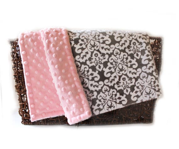Minky Baby Blanket Girl, - Pink Gray Damask Personalized Baby Blanket // Damask Baby Blanket // Soft Baby Blanket // Name Blanket
