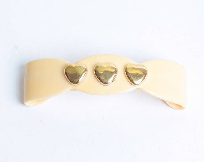 Yellow Plastic Hair Barrette Gold Tone Hearts Scalloped Design Vintage