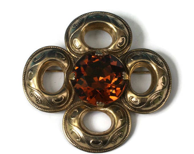 Topaz Glass Quatrefoil Shape Brooch Celtic Style Vintage