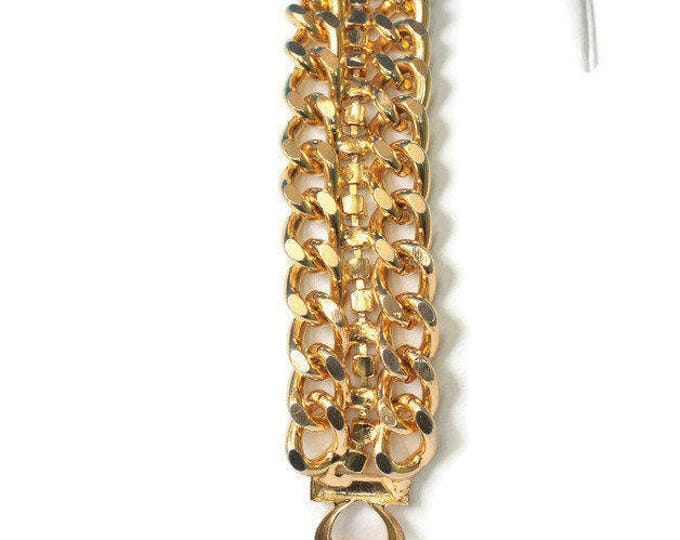 Chunky Double Curb Link Rhinestone Bracelet Gold Tone Wide Retro Style Vintage