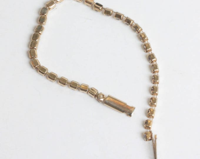 Clear Crystal Rhinestone Tennis Line Bracelet Gold Tone Metal 7 Inch Vintage