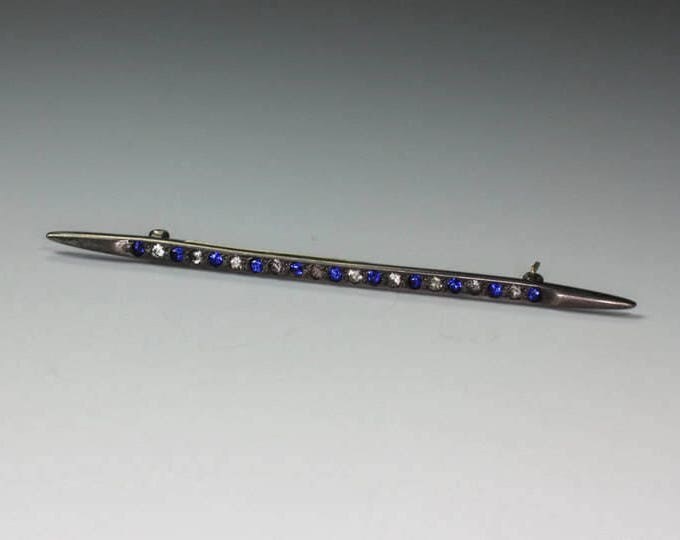 Antique Sterling Bar Pin Blue and Clear Paste Stones Signed ALLCO