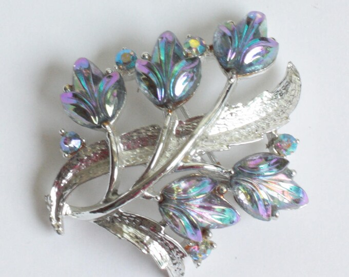 Blue Aurora Borealis Rhinestone Brooch Molded Glass Stones Floral Design Vintage