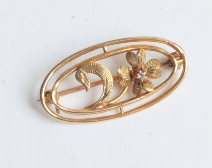 Gold Four Leaf Clover Pin Diamond Accent 10K/12K Victorian Petite Size