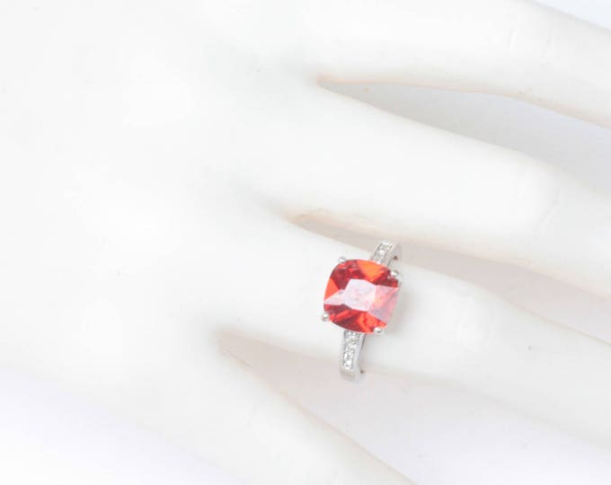 Orange Faceted Glass Ring Clear Crystals Silver Tone Vintage