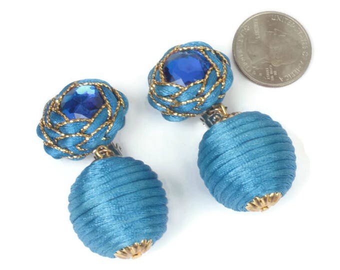 Blue Ball Dangle Earrings Cord Wrapped Handmade Large Statement Clip On Vintage