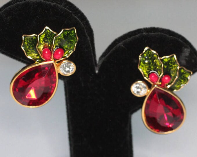 Avon Red Rhinestone Holly Earrings Enameled Leaves and Berries Clip On Style Christmas Holiday