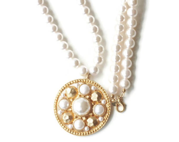 Long Faux Pearl Necklace with Chunky Medallion Pendant 36 Inch Necklace