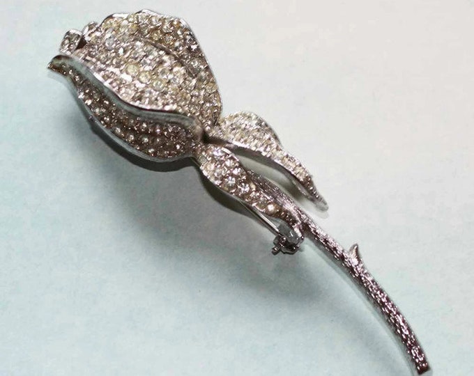 Rhinestone Rosebud Brooch CoroCraft Pave Set Stones Vintage Gift Bride Wedding