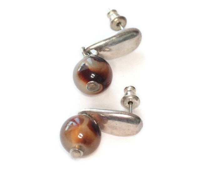 Faux Tortoise Shell Dangle Earrings Lucite Drops Dangles Silver Tone Posts Pierced Vintage