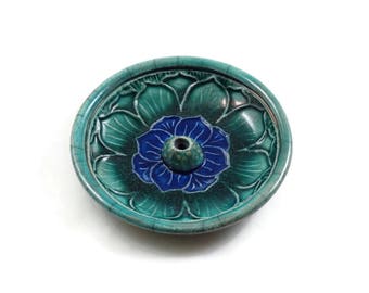 Incense Burner Royal Blue LOTUS Ceramic Pottery