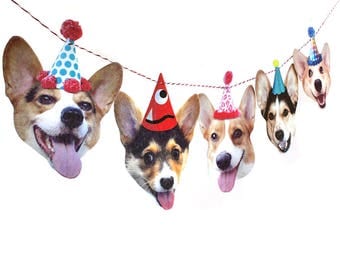 Corgi Dogs Birthday Garland - photo reproductions on felt - funny Corgi portraits birthday banner