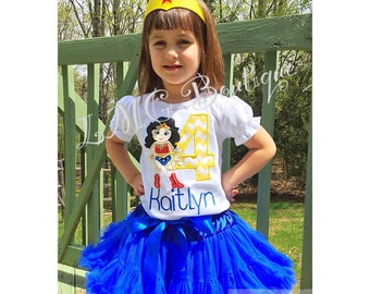 Personalized Superhero shirt - Wonder Woman Applique Shirt with number- Wonder Woman birthday shirt Personalized shirt- Wonder Woman shirt