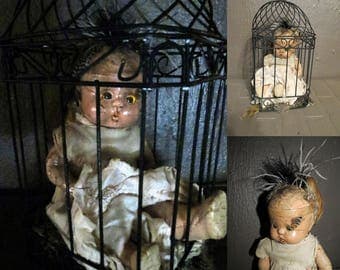 Creepy Doll, Old composition Doll in Bird Cage, Light Up, Repurposed Morphed Doll Caged Doll Halloween Decor, Haunted Doll, Goth Horror Doll