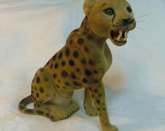 Cheetah Animal, Flocked Celluloid Plastic, Hong Kong. Glass Eyes 6.5" 1950s