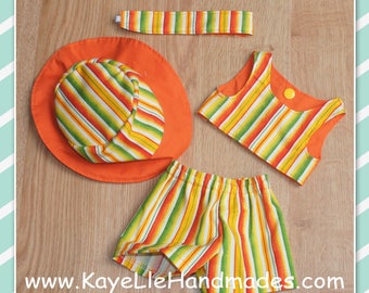 18 inch Doll Clothes - Fashion Doll - Top, Shorts, Hat and Headband - Cream, Yellow, Orange, Green Stripes