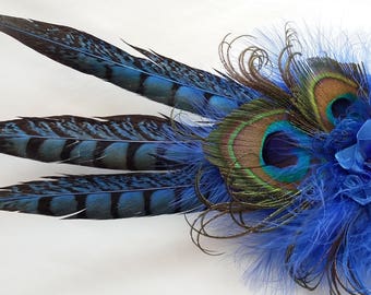 Royal Cobalt Sapphire Blue & Bronze Rustic Pheasant and Peacock Feather Wedding Fascinator Percher Hat - Made to Order