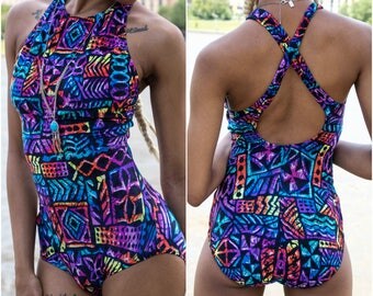 High Cut Swimsuit - High Neck Swimsuit - Vintage One Piece Swimsuit - Festival Bodysuit - High Cut One Piece - Womens Bodysuit