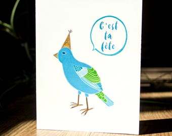 C'est ta fête carte de souhait, carte de voeux, illustration oiseaux, party animal, fait au québec, mignon, carte de fête drole, oiseau bleu