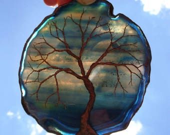 Copper Wire Tree Of Life Metal Wall Art Sculpture Garden Ornament On A Blue Agate Geode Stone Crystal Suncatcher