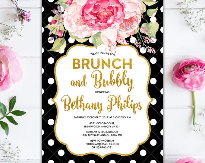 Black and White Polka Dots and Pink Floral and Glitter Gold Brunch and Bubbly Bridal Shower Bachelorette Party Printable Invitation