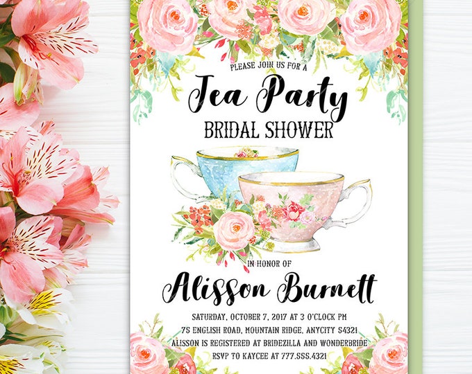 Tea Party Bridal Shower Invitation, Garden Tea Party Invite, Floral High Tea Bridal Shower Printable Invitation